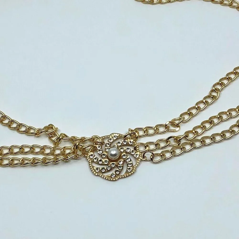 Coquette Gold Rhinestone Pearl Draped Chain Belt, Fits 28–41 Inches, X7GA1186